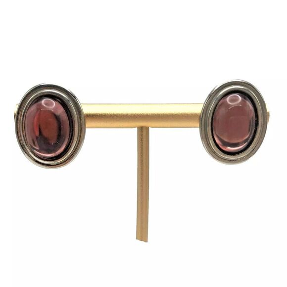 Vendome Vintage Amethyst Rhinestone Cabochon Silver Large Statement Earrings - Picture 1 of 4